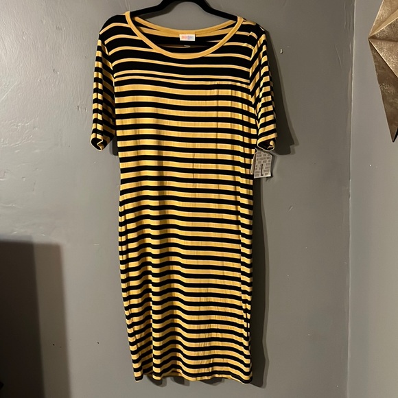 NTW Lularoe Julia dress in mustard & black stripe. Sz L. Super soft & stretchy. - Picture 1 of 5